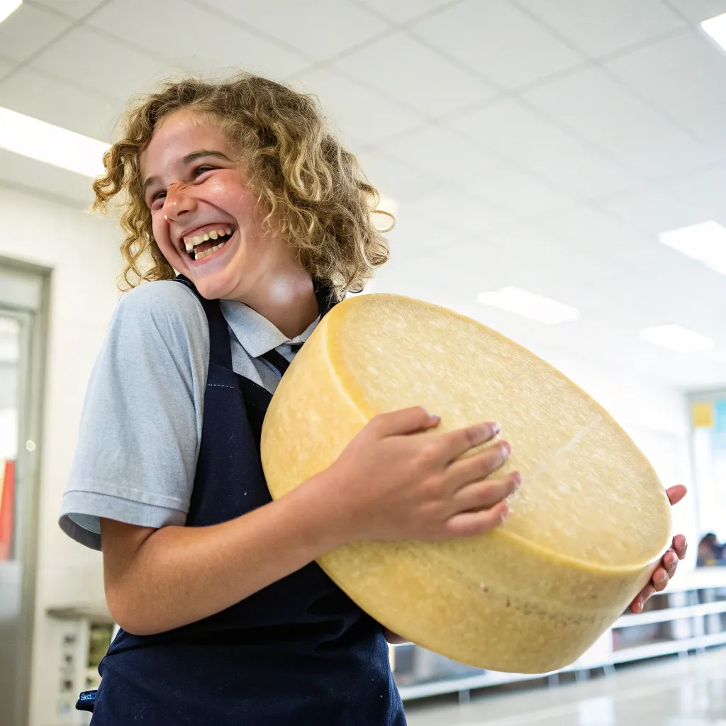 Happy student holding cheese wheel